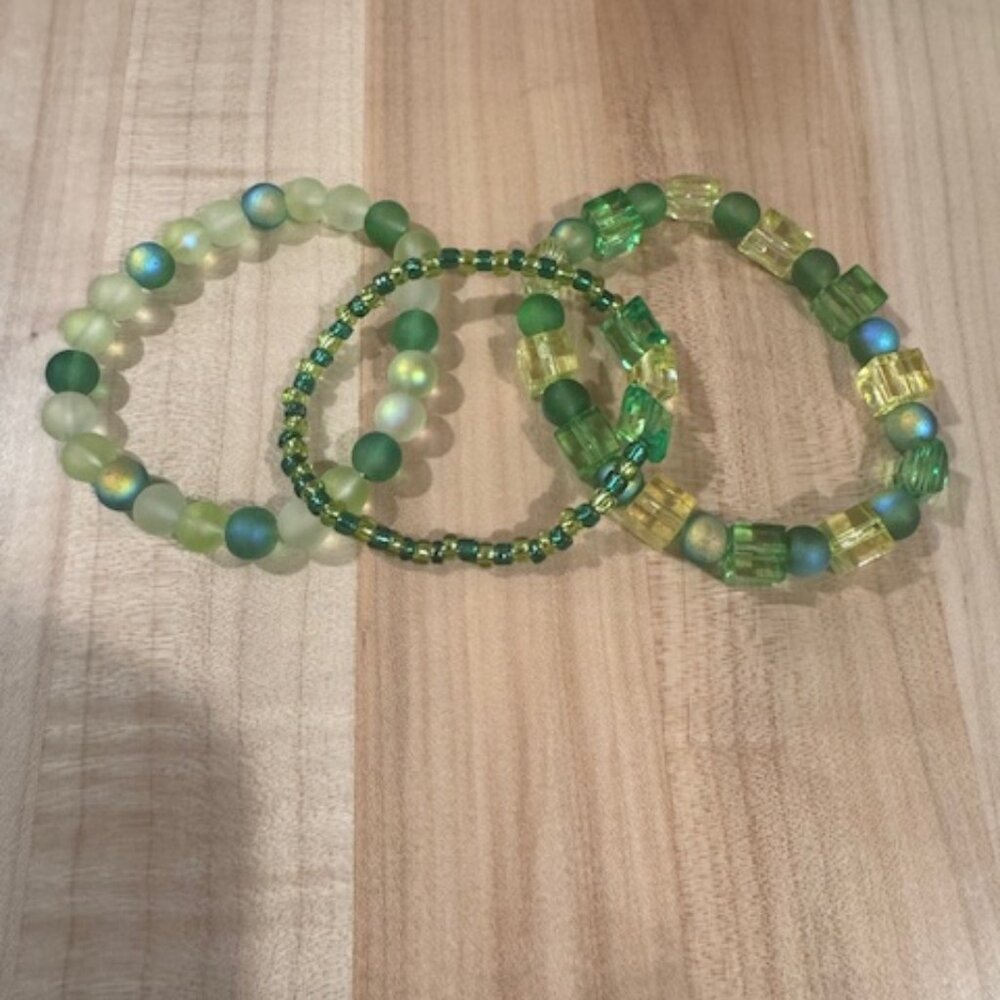 Set of three green handmade bracelets